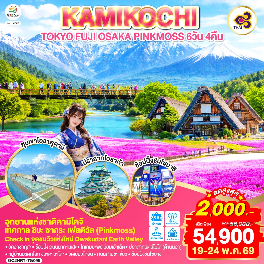 ทัวร์ญี่ปุ่น TOKYO FUJI OSAKA KAMIKOCHI PINKMOSS 6วัน 4คืน (TG)